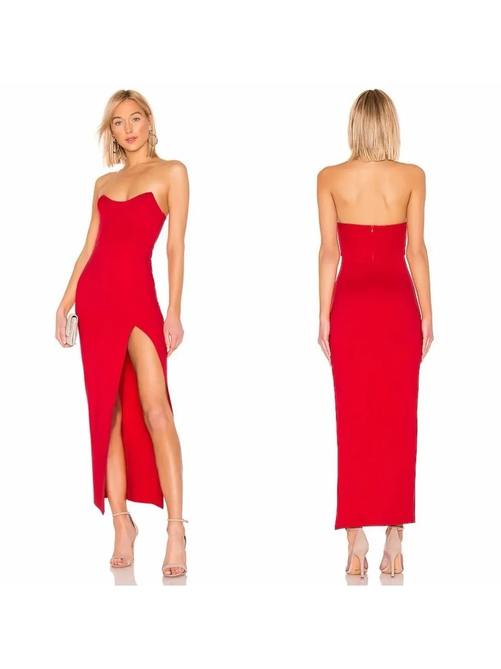 superdown Strapless Red Maxi Dress with High Thigh Slit